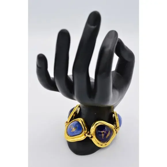 Edouard Rambaud Vintage Cabochon Bracelet Gold Blue Painted Gripoix Chunky BinY